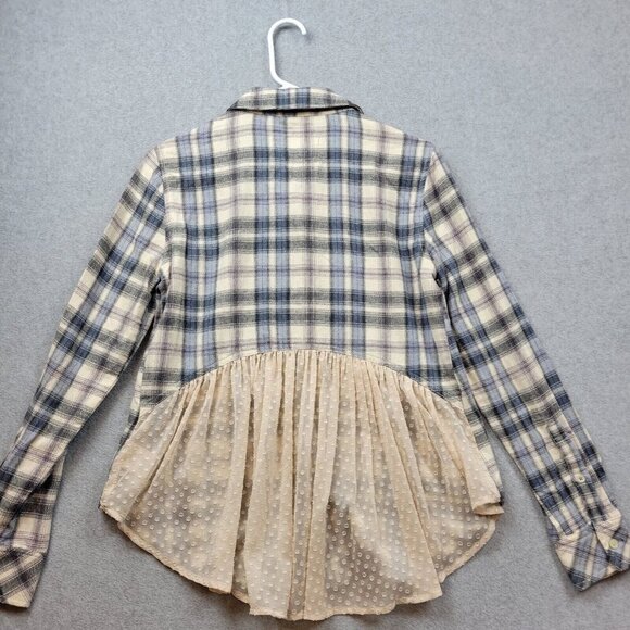 Anthropologie Holding Horses Womens Small Blue Beige Flannel Plaid Sheer Back - Picture 5 of 13